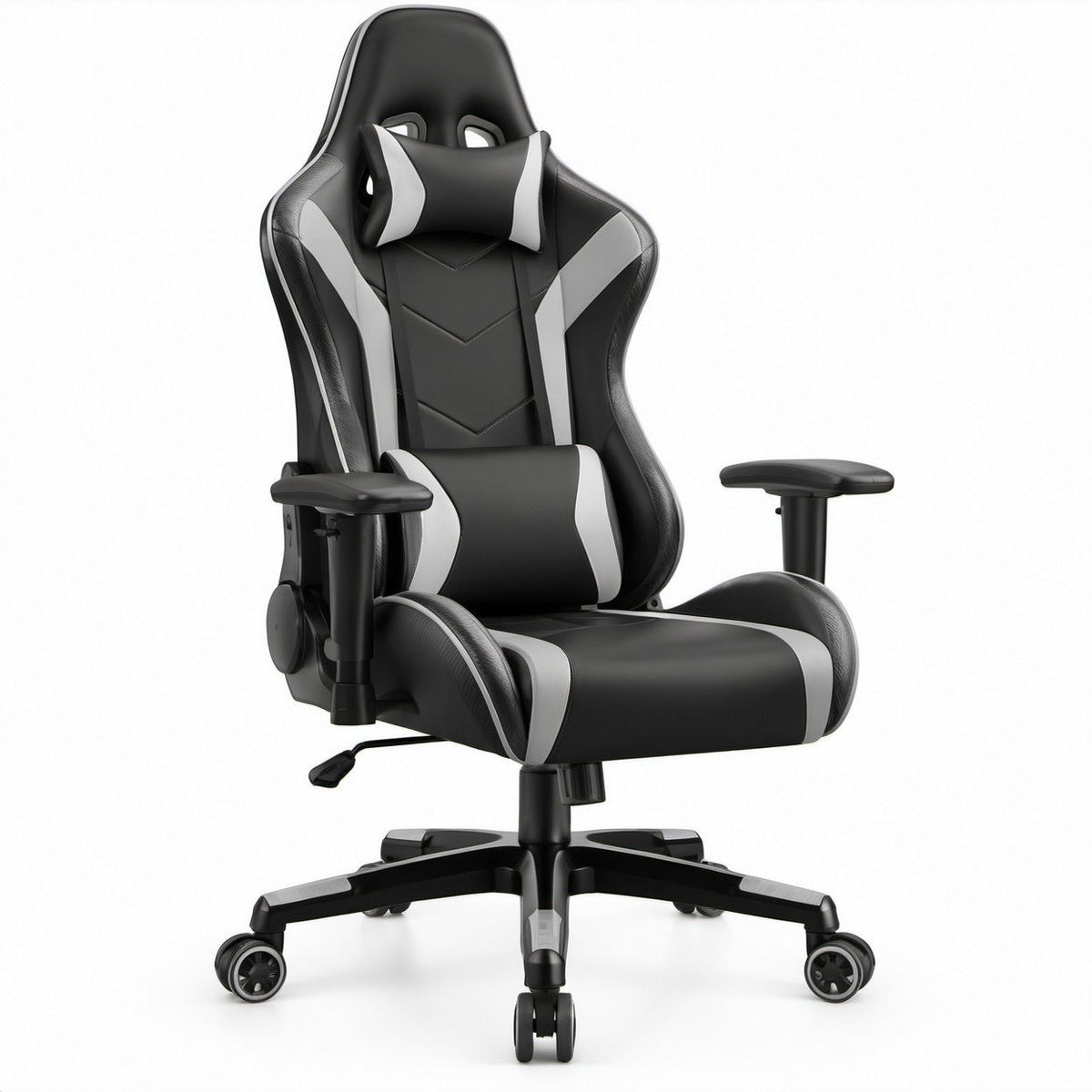 Black and Gray PU Leather Ergonomic Gaming Chair with Adjustable Height and Recline, 27.6 x 26.8 x 50.4-54.3 in