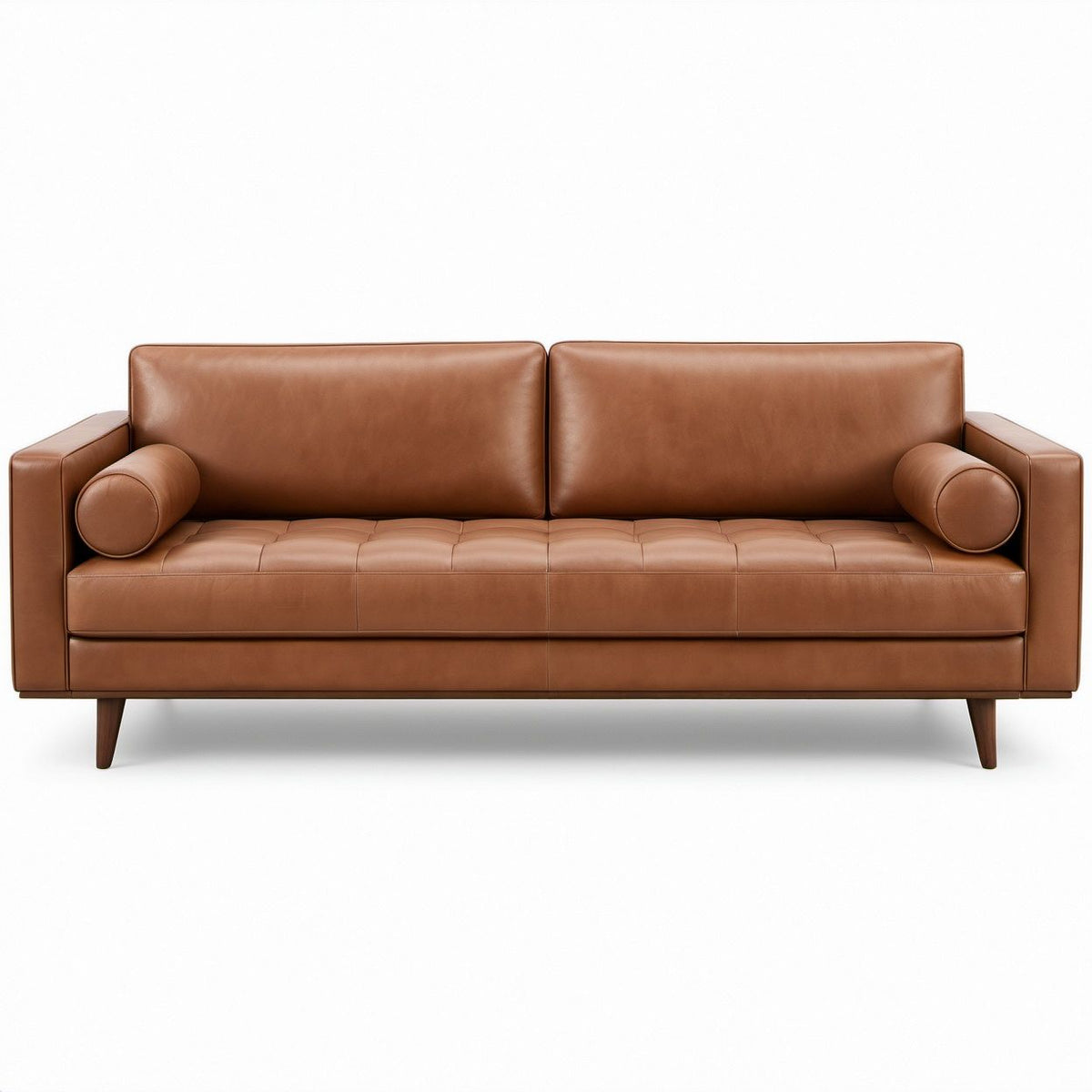 3-Seat Brown PU Leather Upholstered Sofa with Dark Brown Rubberwood Legs, 83.1 x 35.4 x 33.5 in
