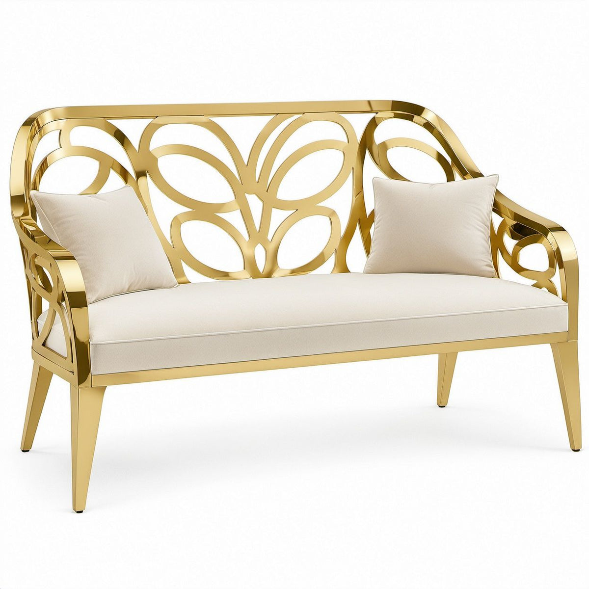Curved Gold Stainless Steel Loveseat with Ivory Polyester Cushions, 53.1 x 27.6 x 35.4 in