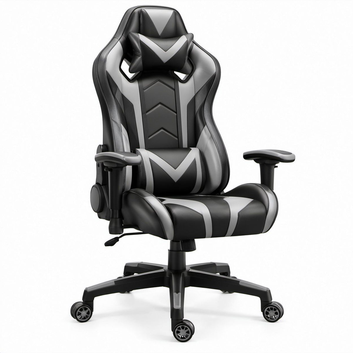 Ergonomic High-Back Gaming Chair, Black/Gray PU Leather, 27.6 x 27.6 x 49.2-53.1 in