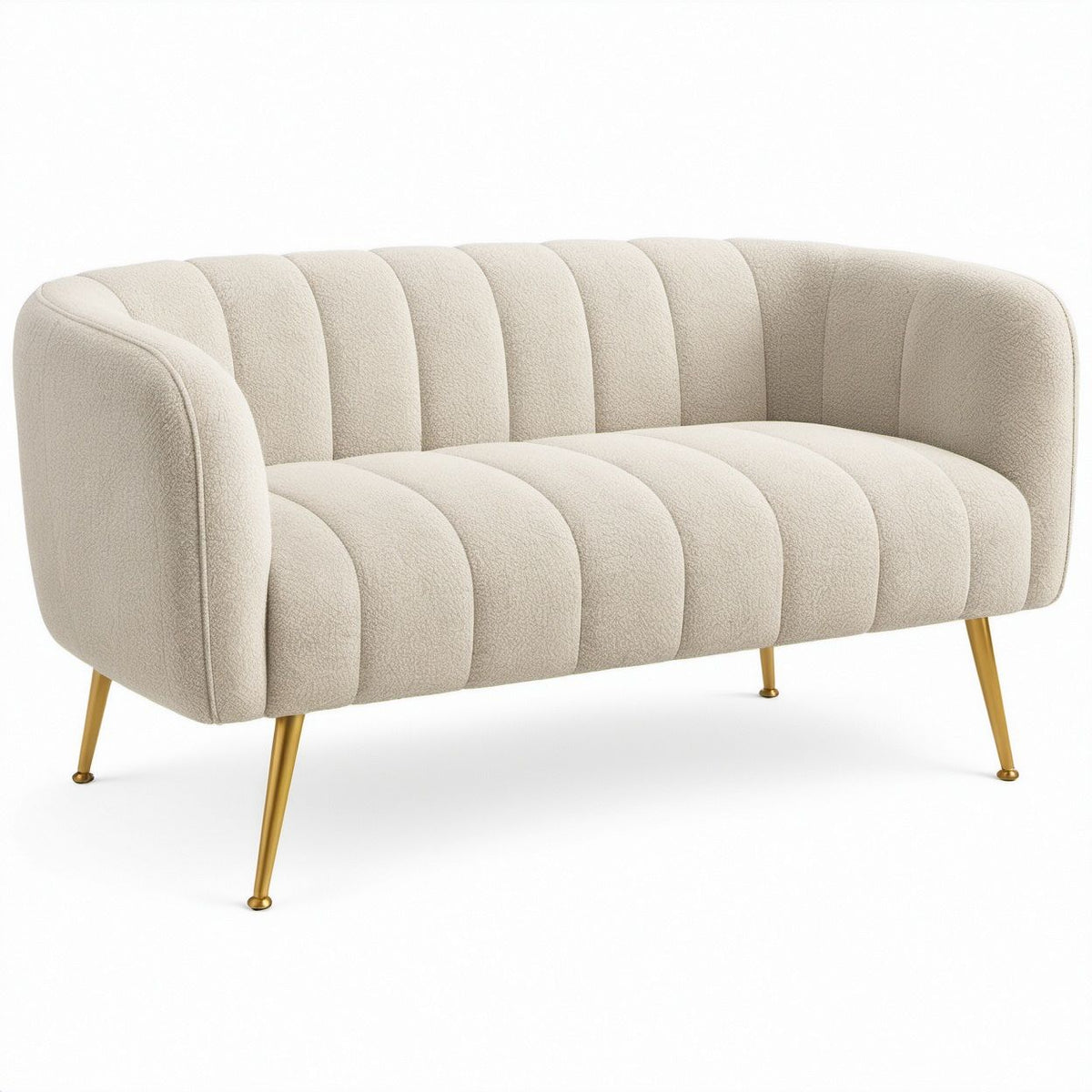 Ivory Boucle Curved Loveseat with Gold Legs, 57.5 x 31.5 x 30 in