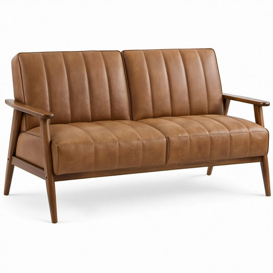 Mid-Century Modern Brown PU Leather Loveseat with Walnut Brown Rubberwood Frame, 56 in W x 32 in D x 34 in H