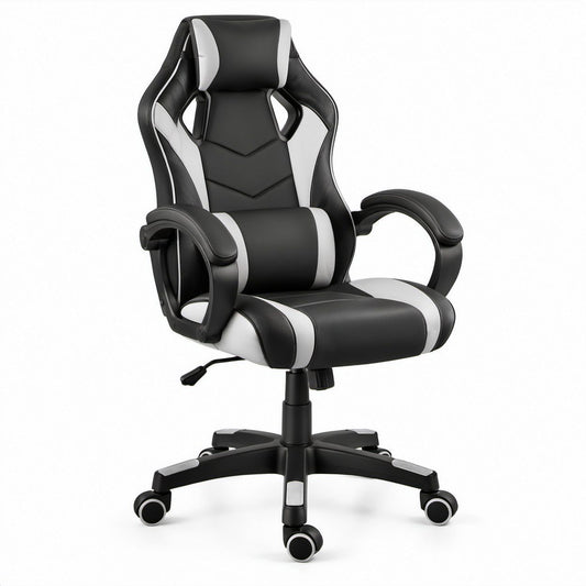 High-Back Ergonomic Gaming Chair, Black and White PU Leather, 26.8 x 26.0 x 47.2-51.2 in