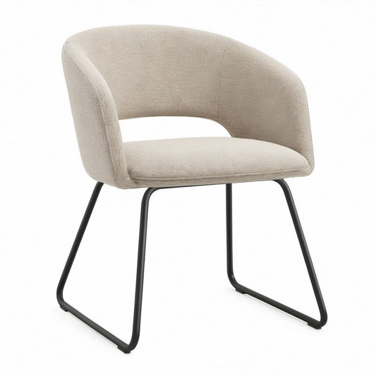 Beige Boucle Upholstered Dining Chair with Curved Back and Black Steel Sled Base, 23.6 x 22.8 x 31.5 in