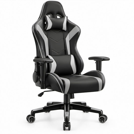Black and Gray PU Leather Ergonomic Gaming Chair with Adjustable Height and Recline, 27.6 x 26.8 x 50.4-54.3 in