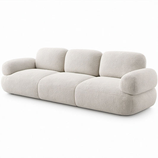 Curved Cream Polyester Boucle 3-Seat Sofa, 94 x 41 x 30 in