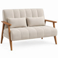 Cream Upholstered Loveseat with Natural Brown Rubberwood Arms, 53.1 x 31.9 x 34.6 in