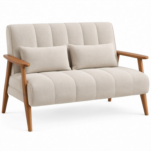 Cream Upholstered Loveseat with Natural Brown Rubberwood Arms, 53.1 x 31.9 x 34.6 in