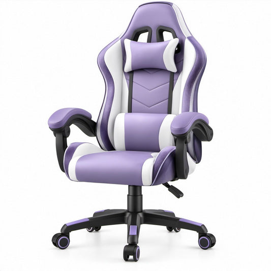 Purple, White and Black High-Back Gaming Chair, 26.8 x 26.0 x 49.2-53.1 in