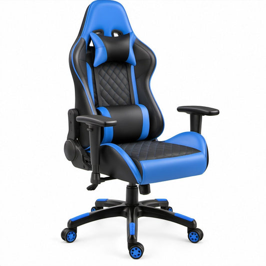 Blue and Black Reclining Gaming Chair with Footrest, PU Leather, 52 x 52 x 124-134 cm