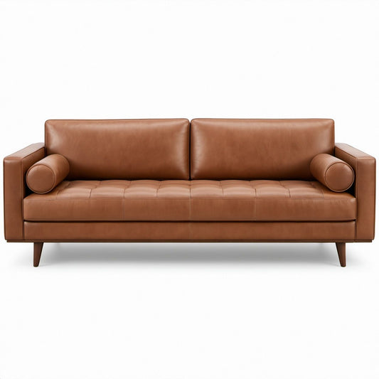 3-Seat Brown PU Leather Upholstered Sofa with Dark Brown Rubberwood Legs, 83.1 x 35.4 x 33.5 in
