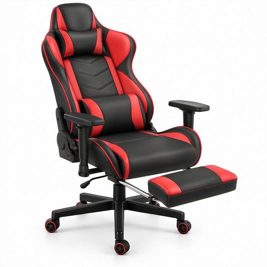 Black and Red PU Leather Gaming Chair with Footrest, 27.6 x 27.6 x 49.2-52.4 Inches