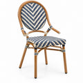 French Bistro Round Back Dining Armchair, Natural Brown Rattan with Navy Blue and Cream Woven Chevron, 22 x 23 x 35 in