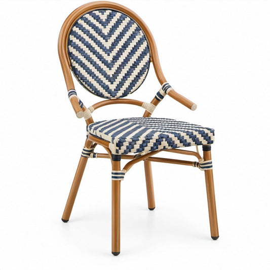 French Bistro Round Back Dining Armchair, Natural Brown Rattan with Navy Blue and Cream Woven Chevron, 22 x 23 x 35 in