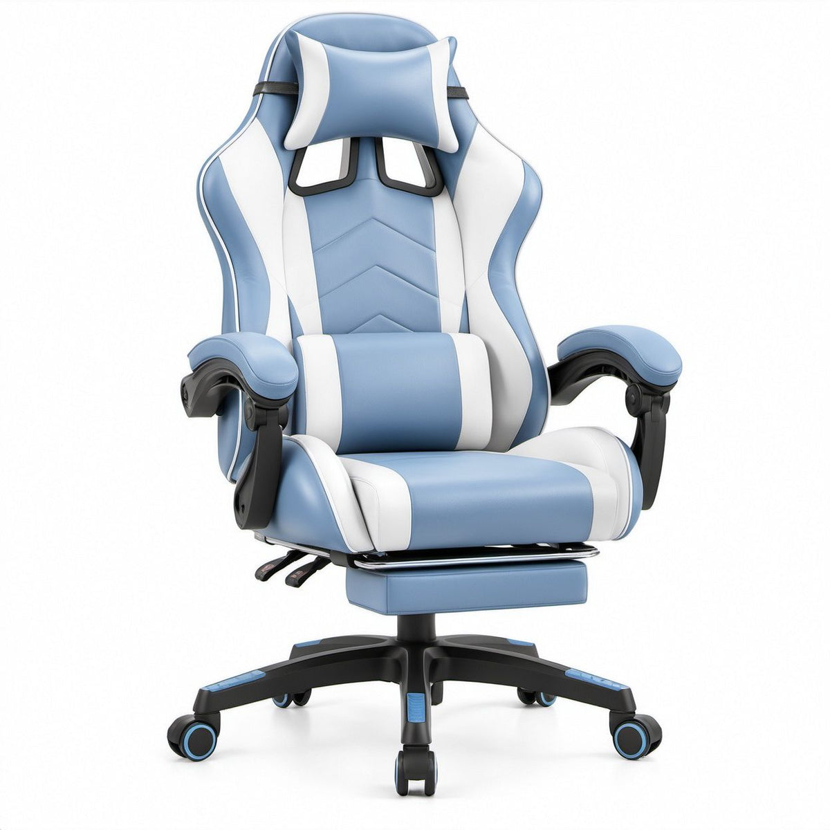 Blue/White/Black High-Back Gaming Chair with Footrest, 27.6 x 27.6 x 48.4-52.4 in