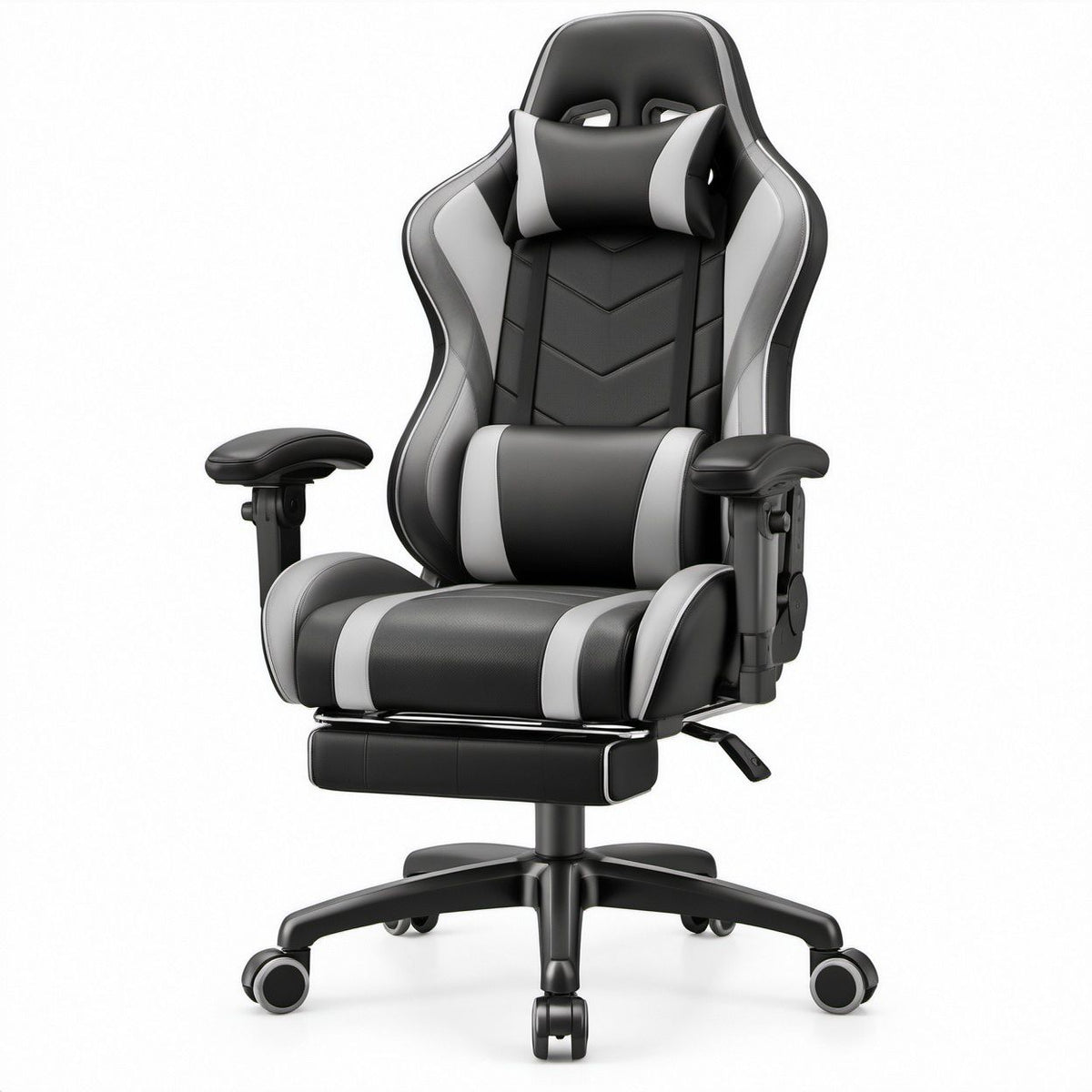 Racing Style Gaming Chair with Footrest, Black/Gray PU Leather, 27.6 x 27.6 x 50.4-54.3 in