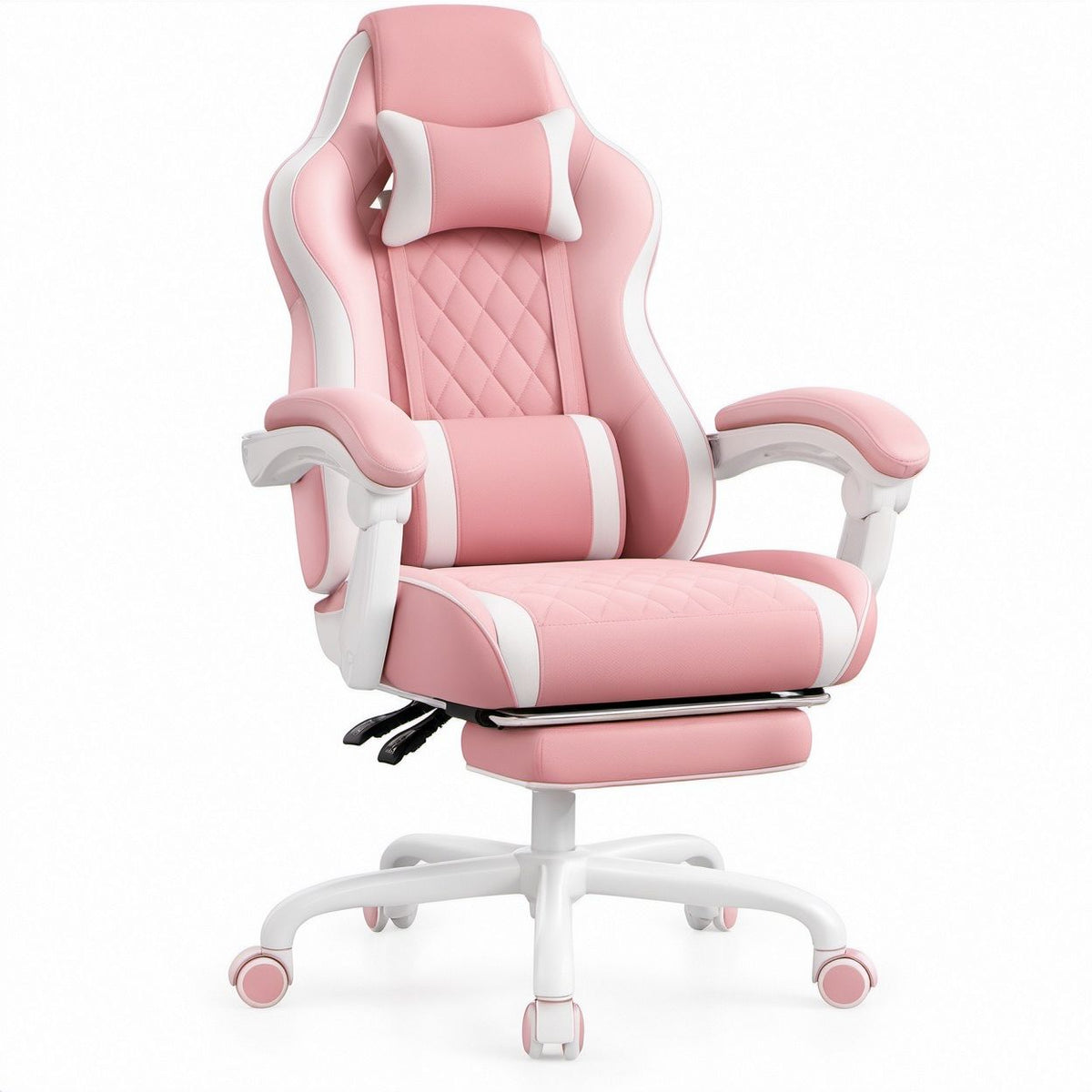 Pink and White PU Leather Gaming Chair with Retractable Footrest, 27.6 x 27.6 x 49.2-53.1 in
