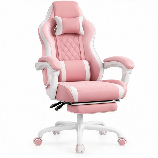 Pink and White PU Leather Gaming Chair with Retractable Footrest, 27.6 x 27.6 x 49.2-53.1 in