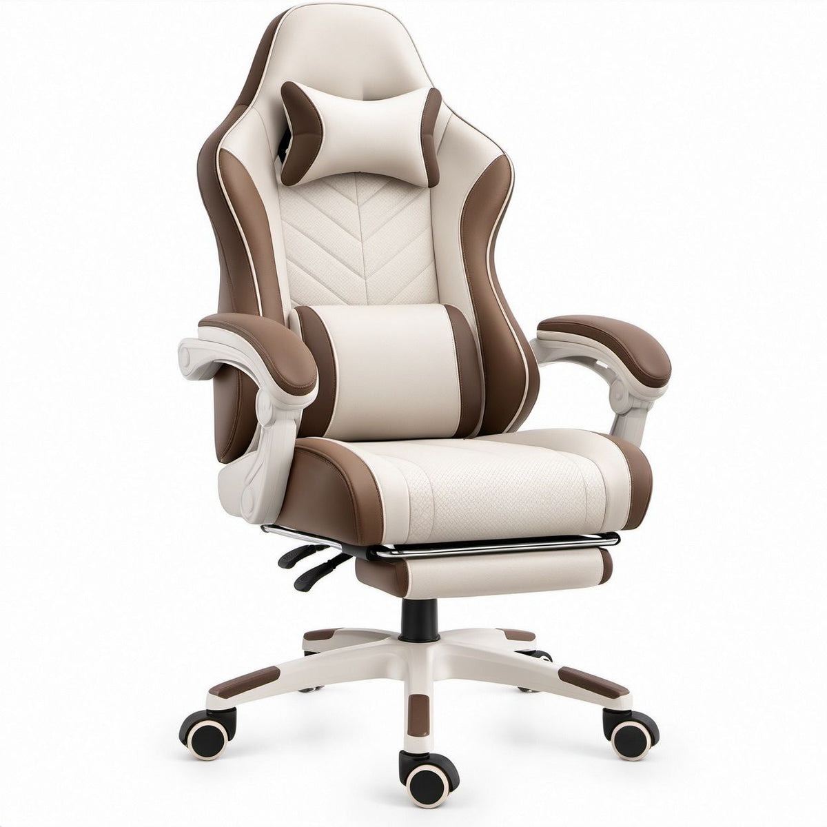 Ergonomic High-Back Gaming Chair, Cream/Brown PU Leather, 27.6 x 27.6 x 49.2-52.4 in