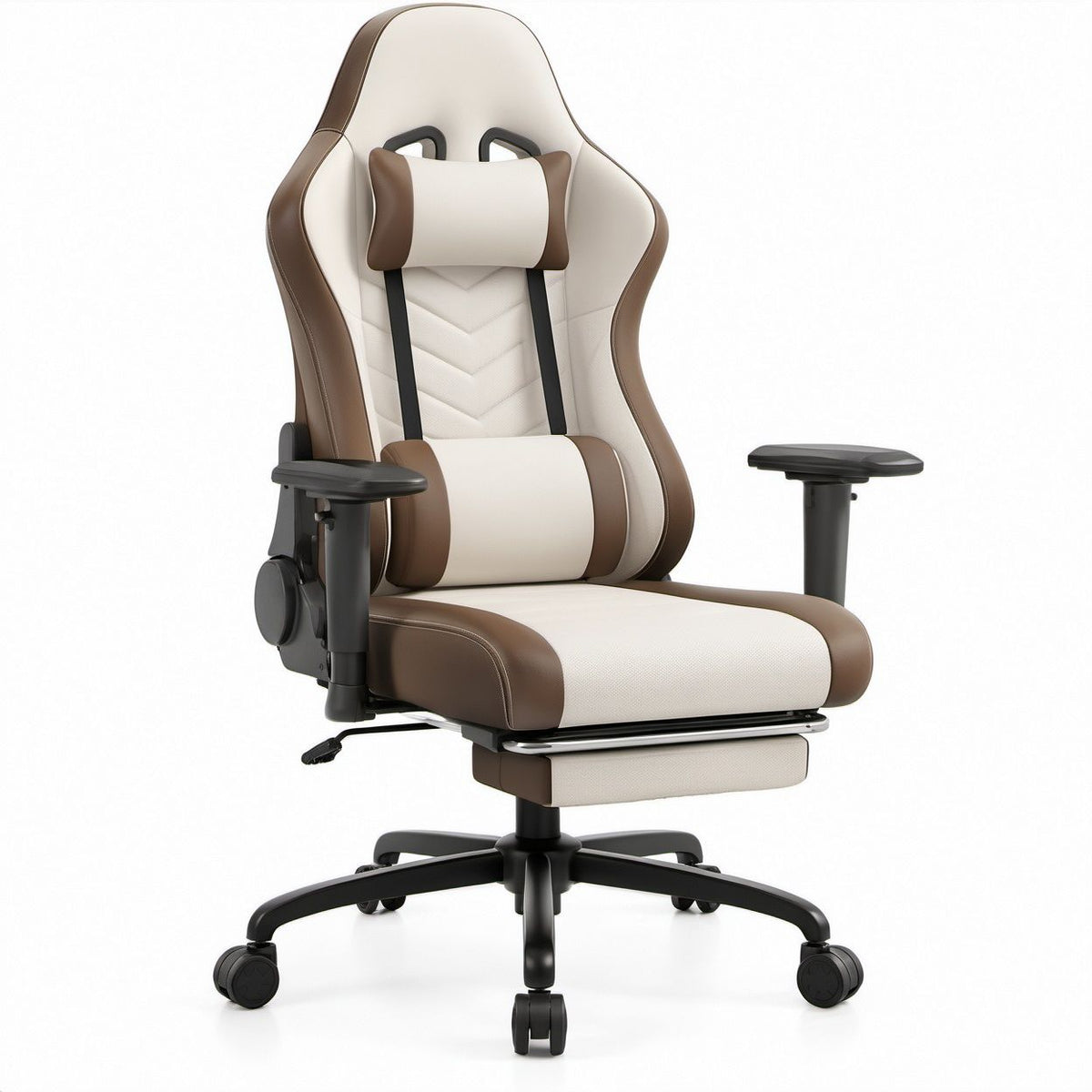 High-Back Reclining Gaming Chair with Footrest, Ivory/Brown/Black PU Leather, 70 x 70 x 125-135 cm