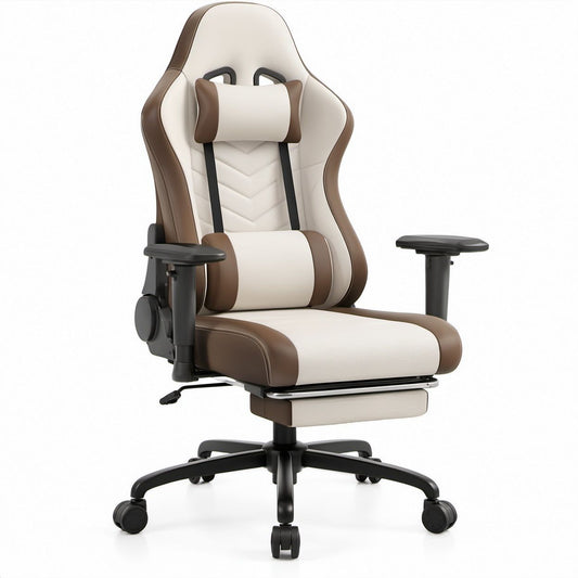 High-Back Reclining Gaming Chair with Footrest, Ivory/Brown/Black PU Leather, 70 x 70 x 125-135 cm