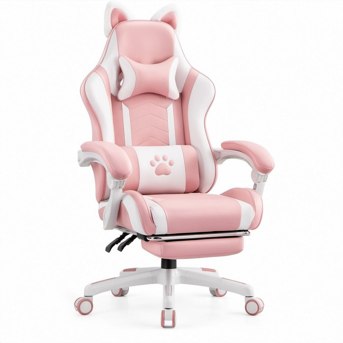 Pink and White PU Leather Cat Ear Gaming Chair with Footrest, 27.6 x 27.6 x 48.4-52.4 in