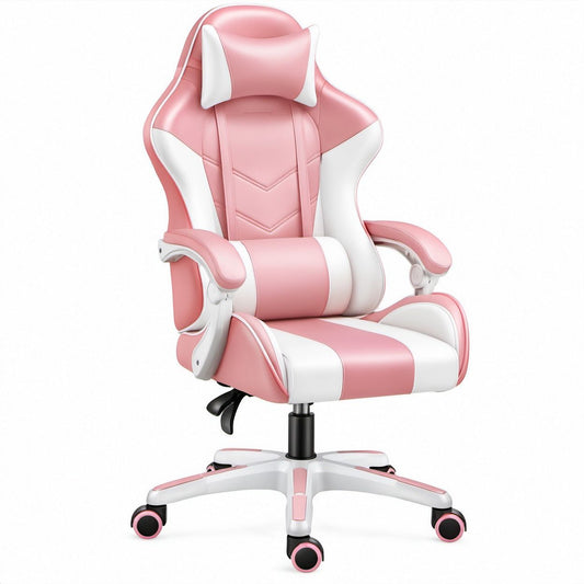 Pink and White PU Leather High-Back Swivel Chair with Footrest, 26.8 x 26.8 x 47.2-51.2 in