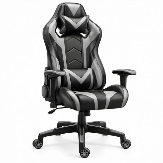 Ergonomic High-Back Gaming Chair, Black/Gray PU Leather, 27.6 x 27.6 x 49.2-53.1 in