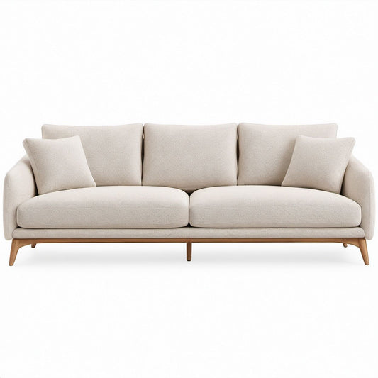 Beige 3-Seat Upholstered Sofa with Natural Brown Solid Wood Legs, 84 x 35 x 34 in