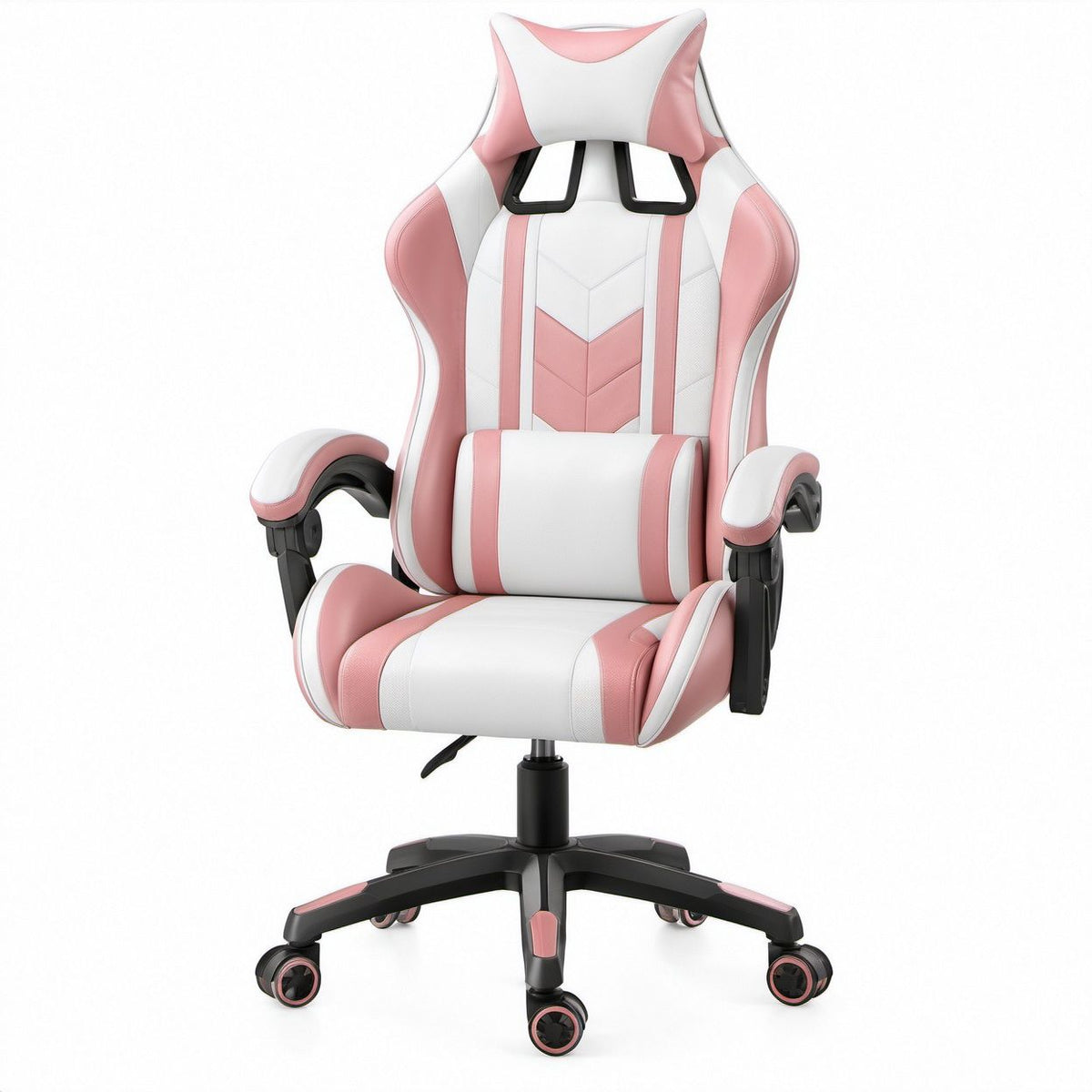 Pink and White High-Back Ergonomic Gaming Chair, 27.6 x 27.6 x 49.2-53.1 in
