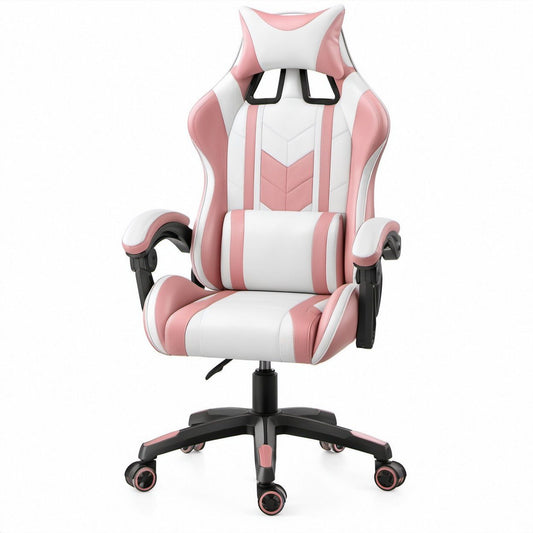 Pink and White High-Back Ergonomic Gaming Chair, 27.6 x 27.6 x 49.2-53.1 in