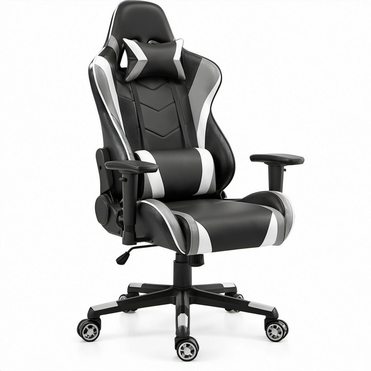 Black and White Racing Style Gaming Chair with Adjustable Height, Reclining Backrest and Pillows, 27.6 x 26.8 x 48.0-51.2 in