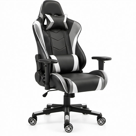 Black and White Racing Style Gaming Chair with Adjustable Height, Reclining Backrest and Pillows, 27.6 x 26.8 x 48.0-51.2 in