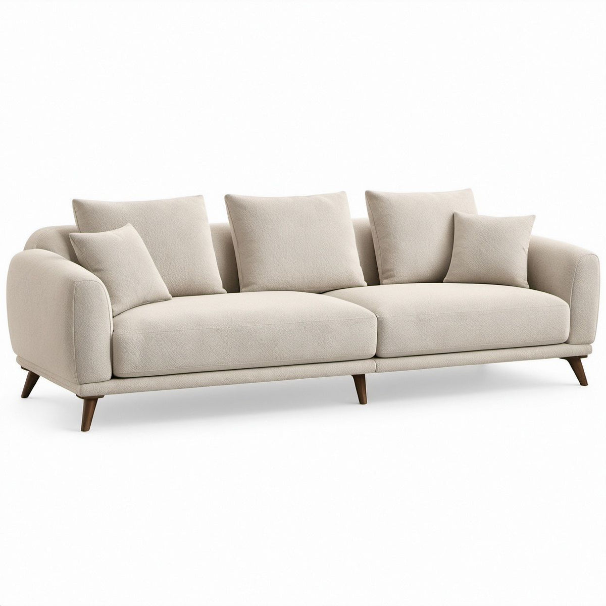 Cream 3-Seater Sofa with Rounded Arms, Dark Brown Rubberwood Legs, 89 x 35 x 34 in