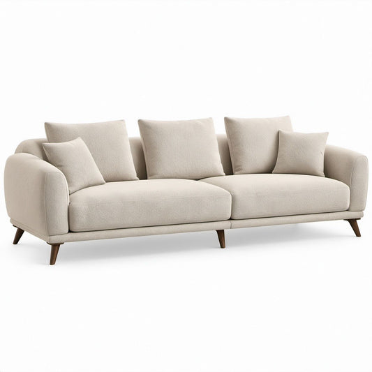 Cream 3-Seater Sofa with Rounded Arms, Dark Brown Rubberwood Legs, 89 x 35 x 34 in