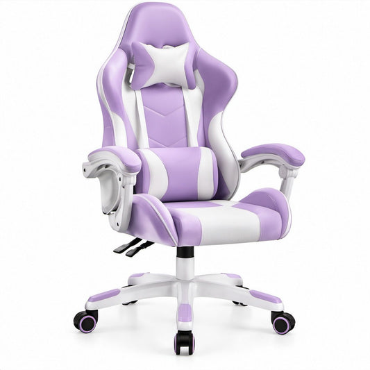 Purple and White PU Leather Gaming Chair with Retractable Footrest, 27.6 x 27.6 x 48.0-52.0 in