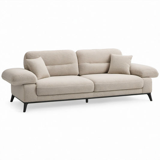 Cream Boucle 3-Seater Sofa with Black Steel Legs, 89 x 37 x 34 in