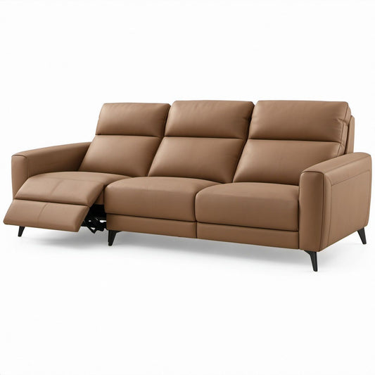 Camel Brown PU Leather 3-Seat Reclining Sofa with Black Steel Legs, 84 x 39 x 40 in