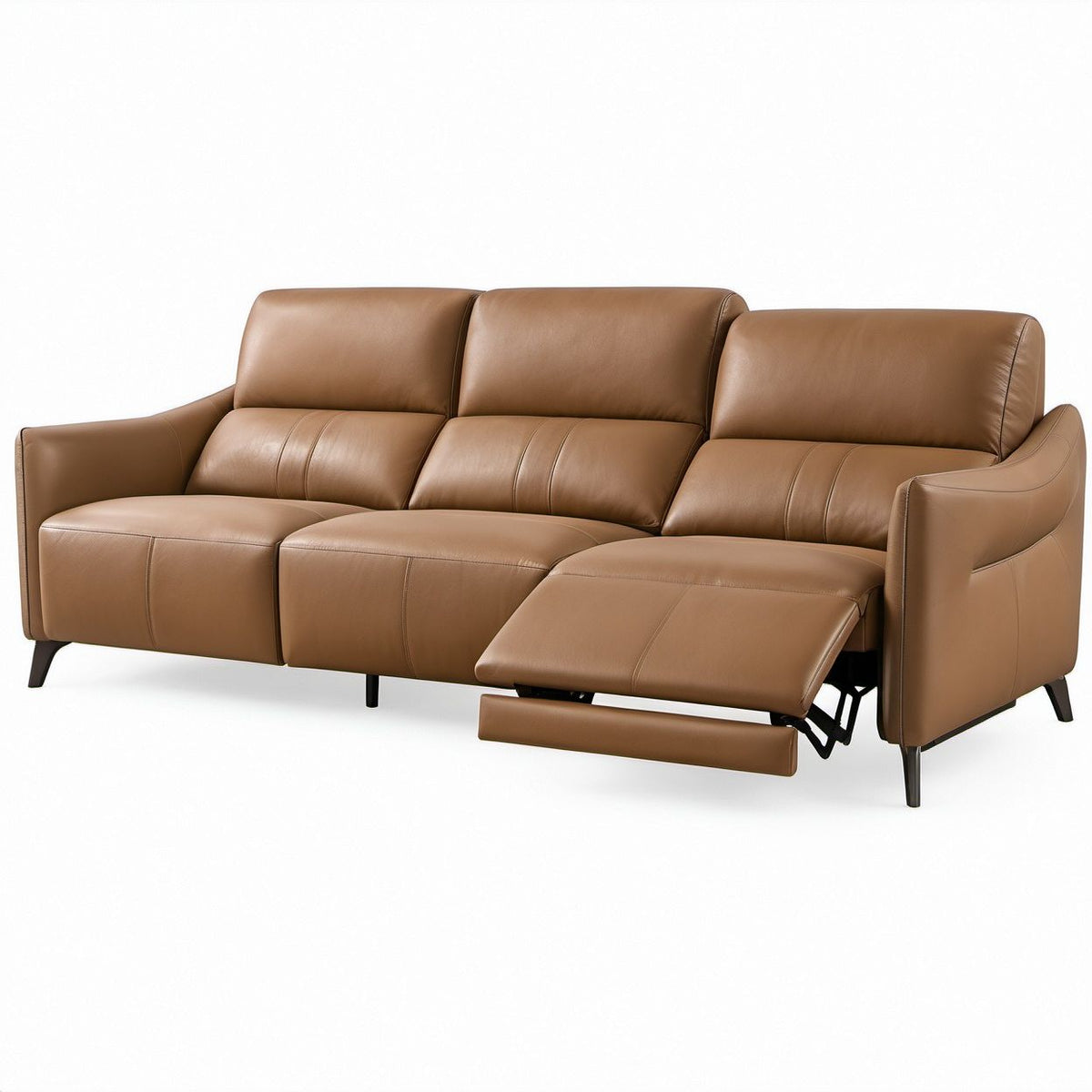 3-Seat Manual Reclining Sofa with Pull-Out Footrest, Brown PU Leather, 220 x 97 x 102 cm